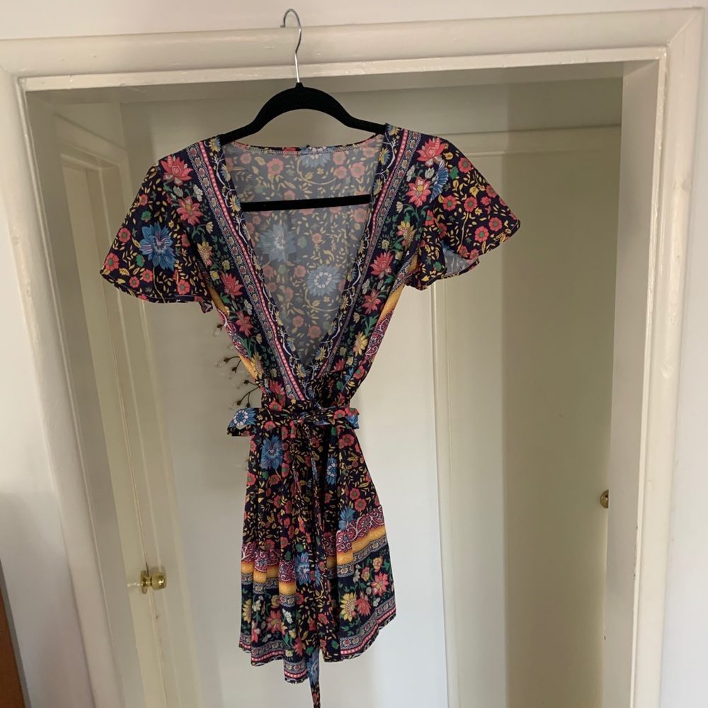 Floral poly/silk-like wrap sundress (never worn)